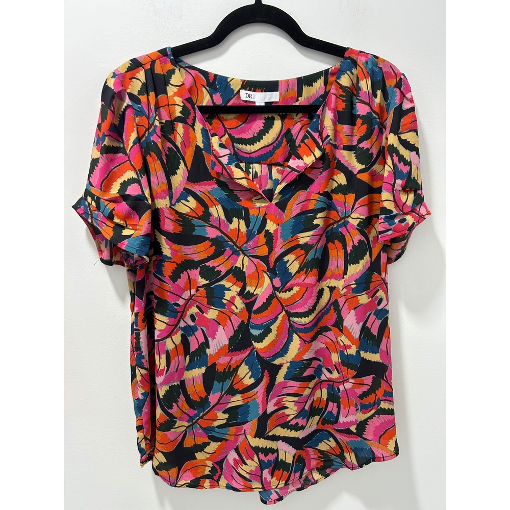 DR2 by Daniel Rainn Tropical Leaf Print Blouse Pink Orange Blue L ZDR12813PR1